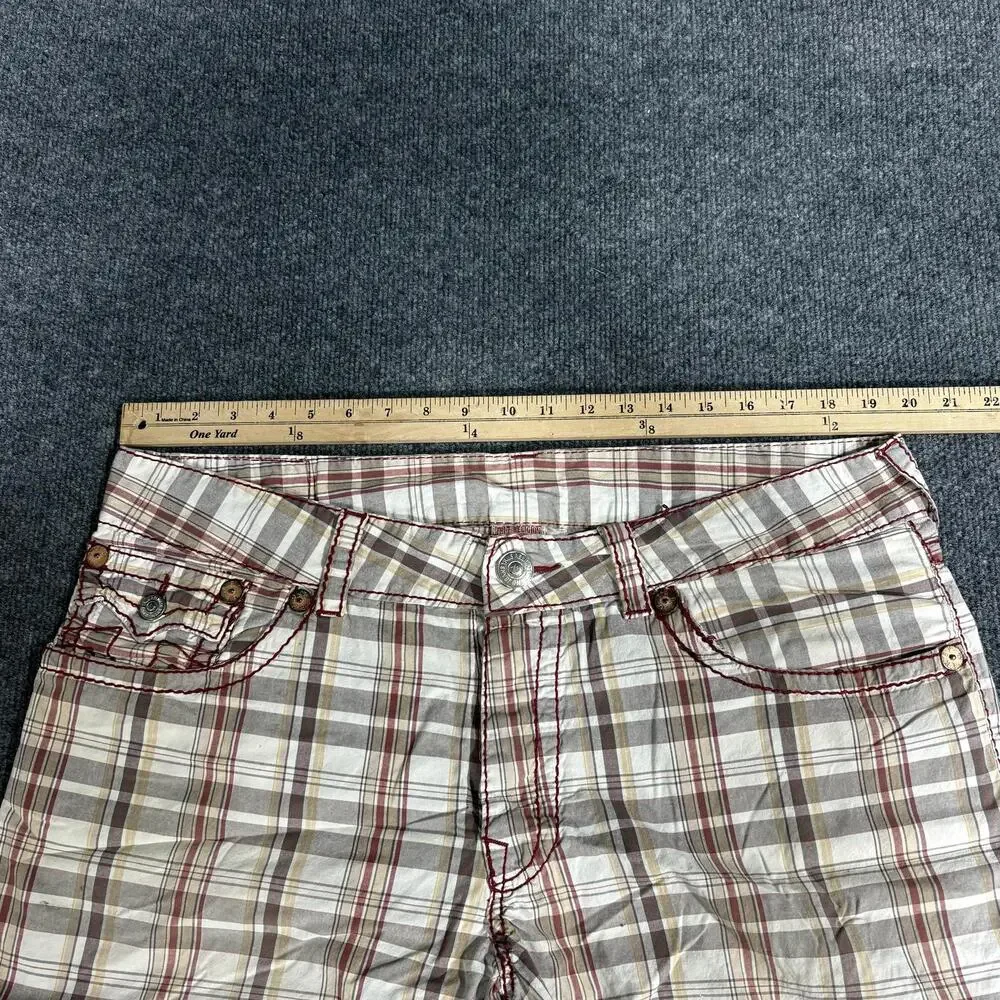 True Religion Swim Shorts Mens 40 Beige Plaid Cotton Twill Swimwear Pockets